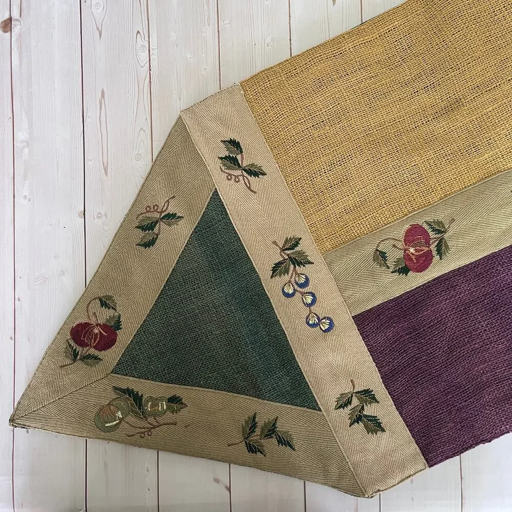 Vintage Pier 1 Imports Macintosh Table Runner Burlap Twill Patchwork Autumn Fall
